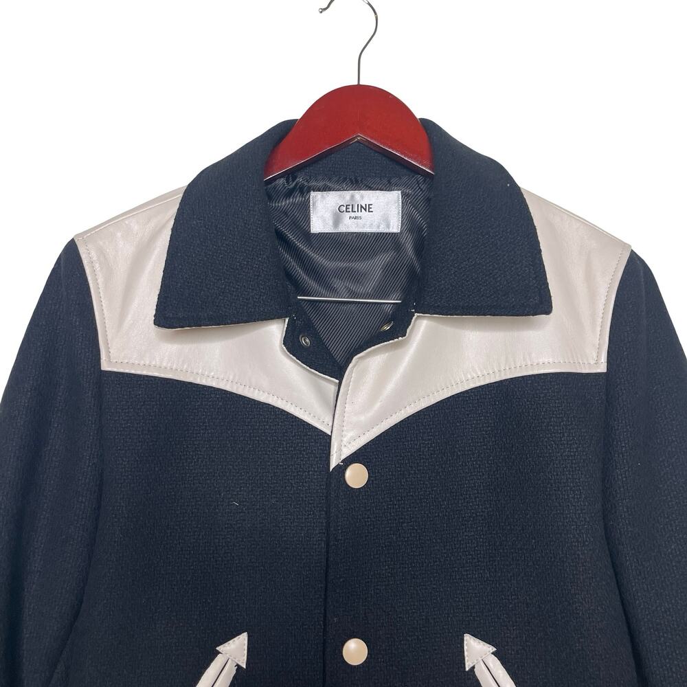 CELINE Black Jack Teddy Cream Leather-Trimmed Wool-Blend Varsity Jacket 46 US S - Picture 3 of 16